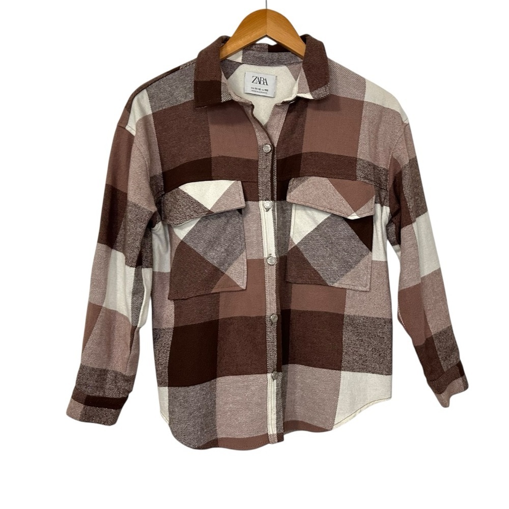 Zara Girls Plaid Flannel Button Up Shirt Jacket Shacket Sz 11-12 Brown White